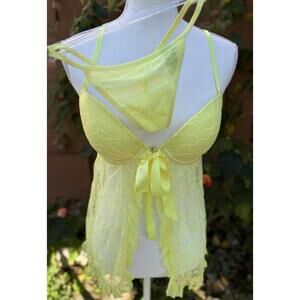 Rene Rofe Yellow Lace & Bow Baby Doll Top & Thong Lingerie Set Size M